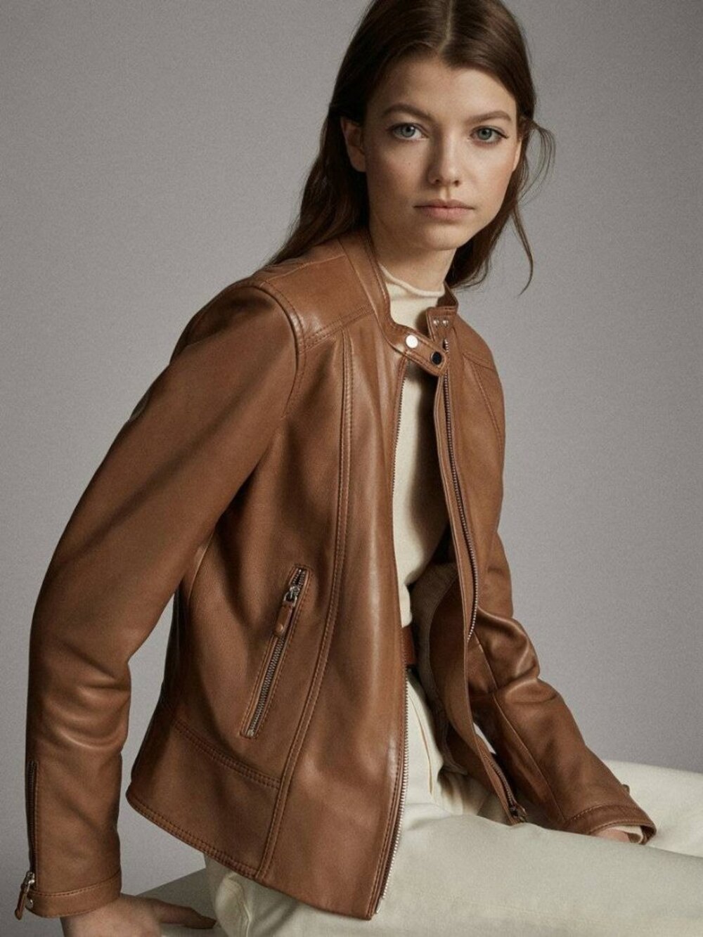 Massimo Dutti Womens Leather Jacket Coat Large Tan Brown 4702/772 NWOT